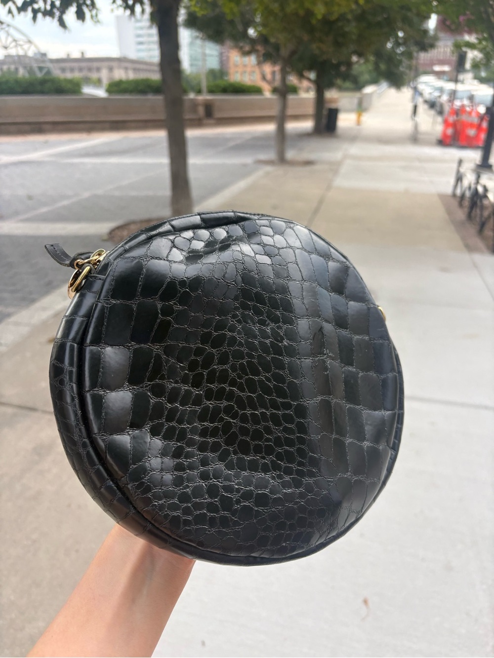 Clare V Black Croc-Embossed Round Mini Crossbody Bag